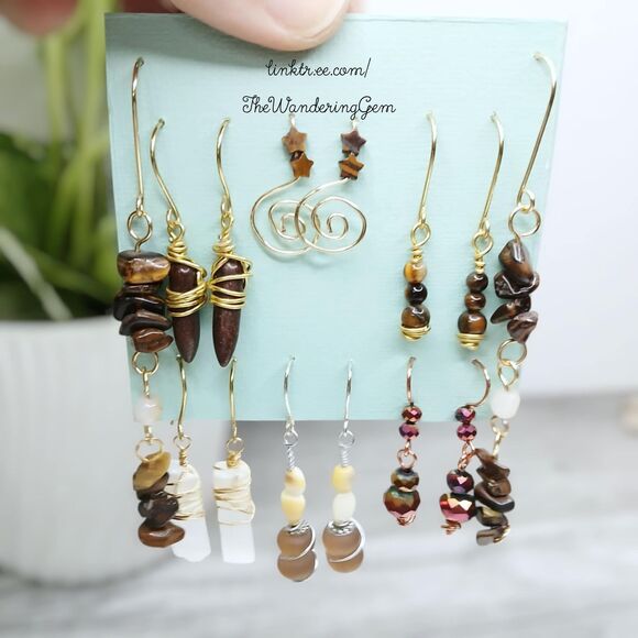 2/$50 - 7 Piece Boho Beaded Dangle Earrings, Brown & Gold Tones, Fairy Core - Picture 1 of 4